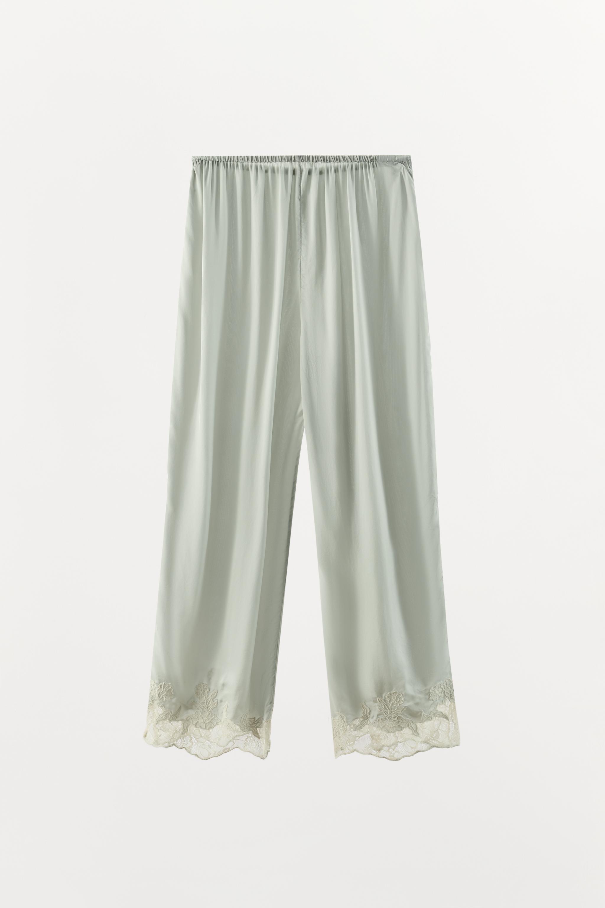 SATIN EFFECT LACE EMBROIDERED PANTS